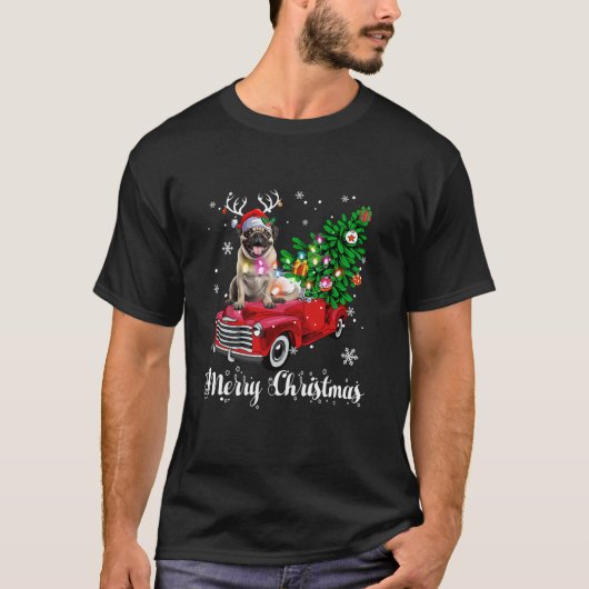 パグレッドトラッククリスマスサンタハットクリスマスドッグ恋人L Tシャツ (正面)