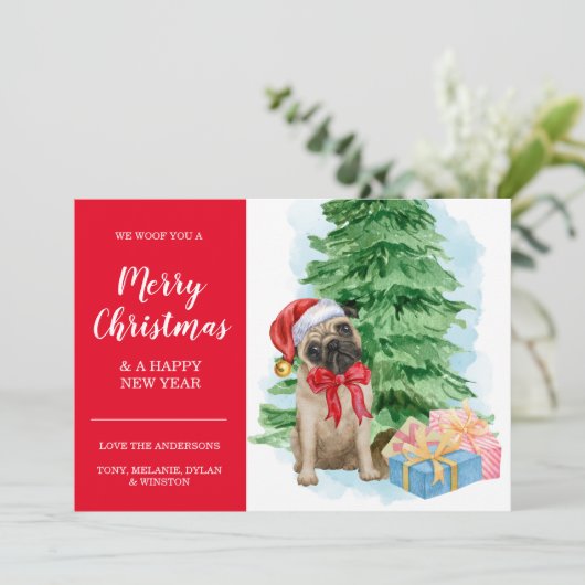 パグ子犬の安価なクリスマスサンタハットドッグカード カード (スタンド正面)