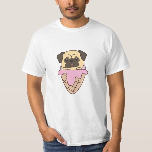 パグ子犬ピンクアイスクリームワッフルかわいい動物 Tシャツ (正面)