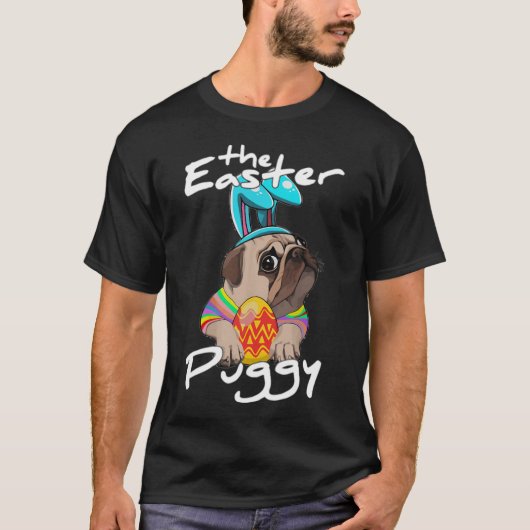 パグ犬うさぎ ハッピーイースター Tシャツ (正面)