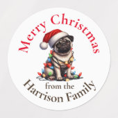 パグ犬かわいいペットの水色クリスマスの願い ラベル (デザイン2)