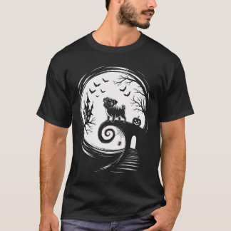 パグ犬と月 ハロウィンの犬好き Tシャツ