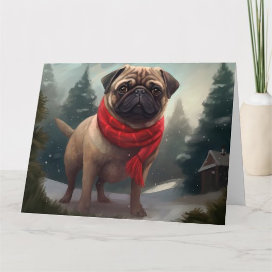 パグ犬と雪のクリスマス カード (正面)