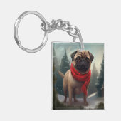 パグ犬と雪のクリスマス キーホルダー (正面左)