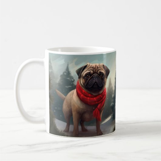 パグ犬と雪のクリスマス コーヒーマグカップ (左)