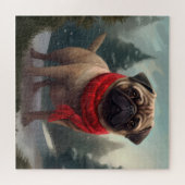 パグ犬と雪のクリスマス ジグソーパズル (横)