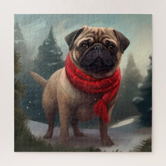 パグ犬と雪のクリスマス ジグソーパズル (縦)