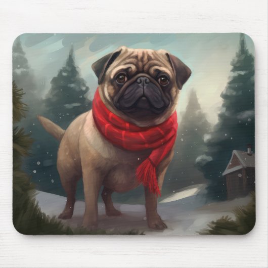 パグ犬と雪のクリスマス マウスパッド (正面)