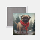 パグ犬と雪のクリスマス マグネット (正面/裏面)