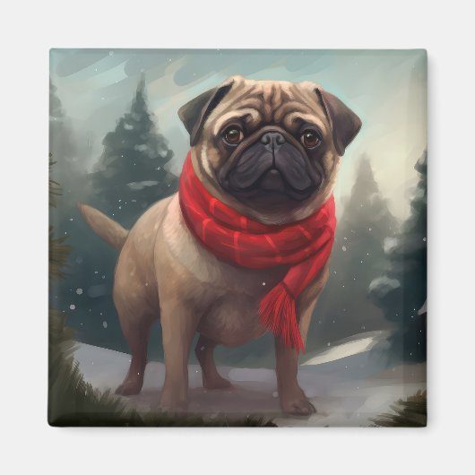 パグ犬と雪のクリスマス マグネット (正面)