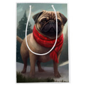パグ犬と雪のクリスマス ミディアムペーパーバッグ (正面)