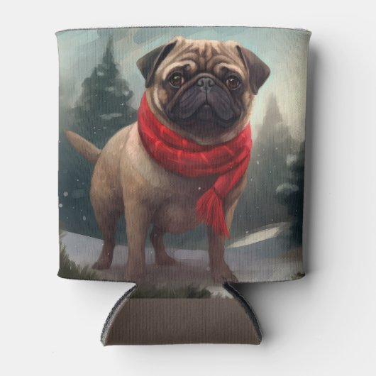 パグ犬と雪のクリスマス 缶クーラー (正面)