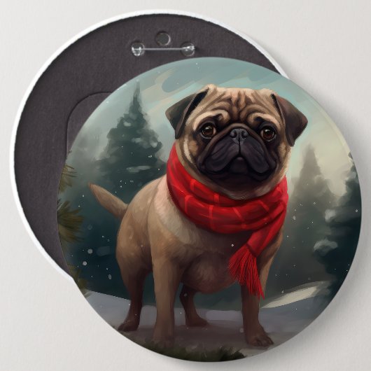 パグ犬と雪のクリスマス 缶バッジ (正面&裏面)