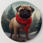 パグ犬と雪のクリスマス 缶バッジ (正面)