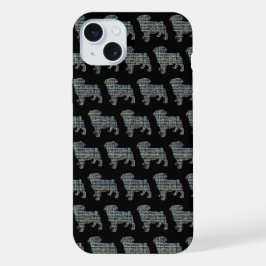 パグ犬のかわいいシルエットグリッドブラック iPhone 15 PLUSケース