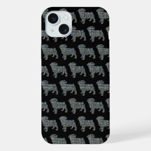 パグ犬のかわいいシルエットグリッドブラック iPhone 15 PLUSケース