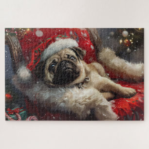 パグ犬のクリスマスフェスティブデザイン ジグソーパズル
