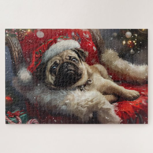 パグ犬のクリスマスフェスティブデザイン ジグソーパズル (横)