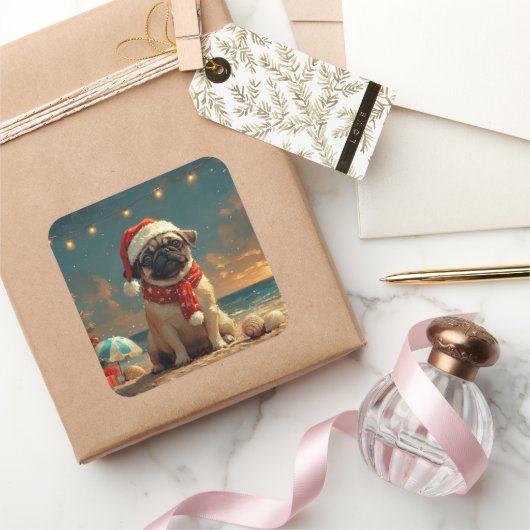 パグ犬のクリスマスヴィンテージビーチ スクエアシール (ギフト)