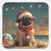 パグ犬のクリスマスヴィンテージビーチ スクエアシール (正面)