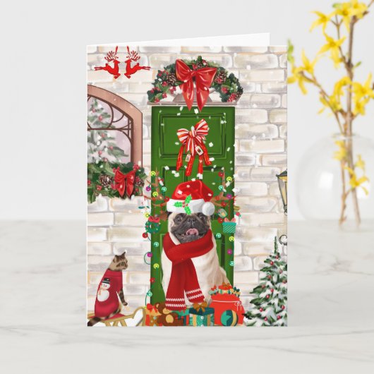 パグ犬のクリスマス カード (黄色い花)