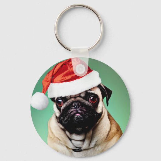 パグ犬のクリスマス キーホルダー (正面)