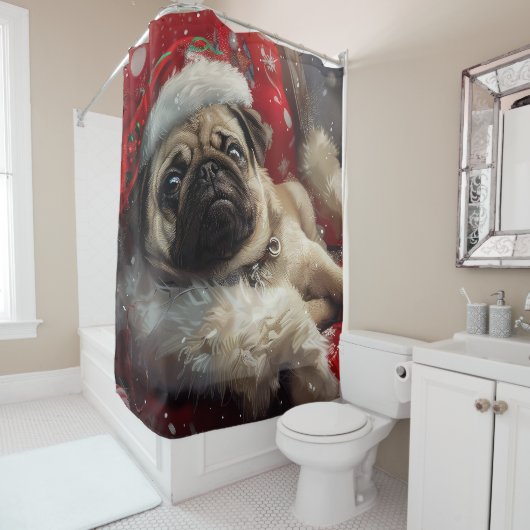 パグ犬のクリスマス シャワーカーテン (インサイチュ)