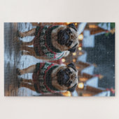 パグ犬のクリスマス スノー ホリデー ジグソーパズル (横)