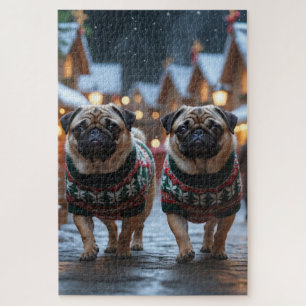パグ犬のクリスマス スノー ホリデー ジグソーパズル