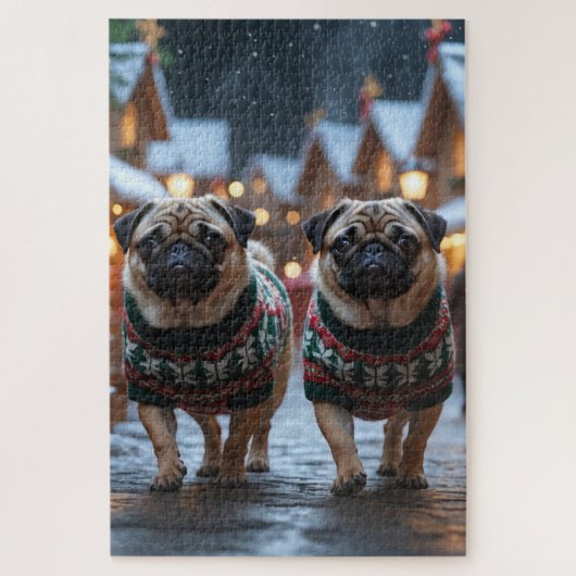 パグ犬のクリスマス スノー ホリデー ジグソーパズル (縦)