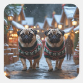 パグ犬のクリスマス スノー ホリデー スクエアシール (正面)