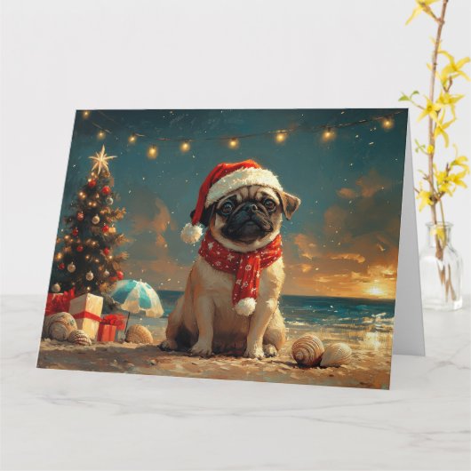 パグ犬のクリスマス ヴィンテージ ビーチ カード (黄色い花)