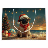 パグ犬のクリスマス ヴィンテージ ビーチ ラージペーパーバッグ (正面)