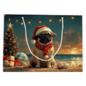 パグ犬のクリスマス ヴィンテージ ビーチ ラージペーパーバッグ (裏面)