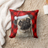 パグ犬のレッドバッファローチェックのクリスマス クッション (ブランケット)