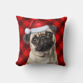 パグ犬のレッドバッファローチェックのクリスマス クッション (正面)