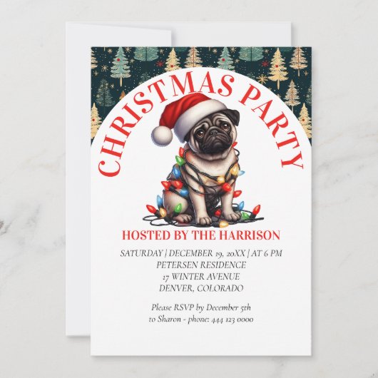 パグ犬のレトロかわいい水彩クリスマス 招待状 (正面)