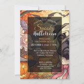 パグ犬の不気味な家とハロウィンパーティー 招待状 (正面)