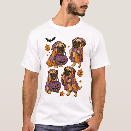 パグ犬の幽霊 ハロウィーン 怖い Tシャツ (正面)