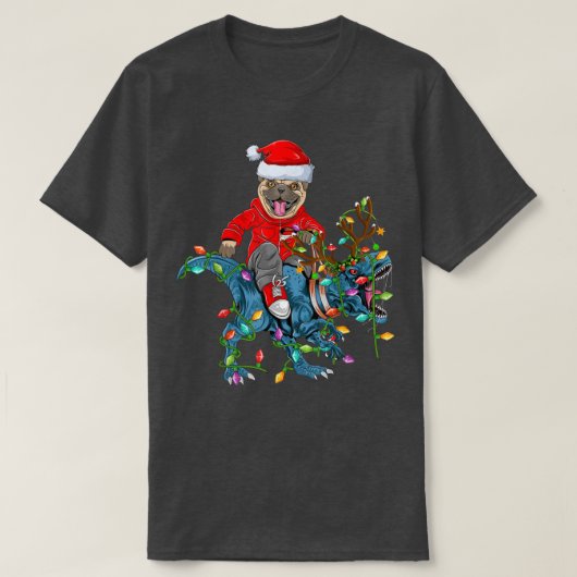 パグ犬の恋人クリスマスライトパグ乗馬恐竜Chri Tシャツ (デザイン正面)
