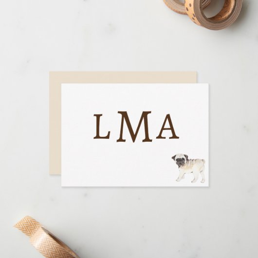 パグ犬の恋人モノグラムノートカード ノートカード (正面/裏面インサイチュ)