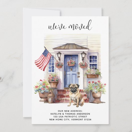 パグ犬の愛国的なパーソナライズされたペット移動 案内状 (正面)