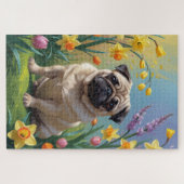 パグ犬の春の花の絵 ジグソーパズル (横)