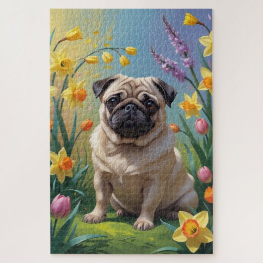 パグ犬の春の花の絵 ジグソーパズル (縦)