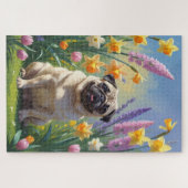 パグ犬の春の花の絵 ジグソーパズル (横)
