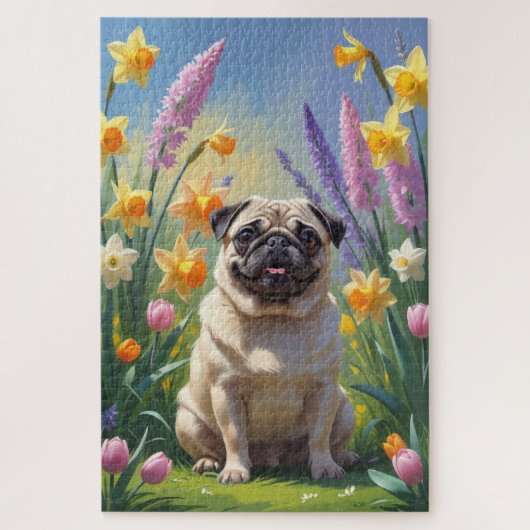 パグ犬の春の花の絵 ジグソーパズル (縦)