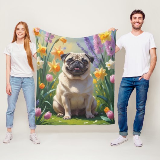 パグ犬の春の花の絵 フリースブランケット (インサイチュ)
