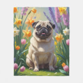 パグ犬の春の花の絵 フリースブランケット (正面)