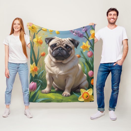 パグ犬の春の花の絵 フリースブランケット (インサイチュ)