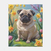 パグ犬の春の花の絵 フリースブランケット (正面)